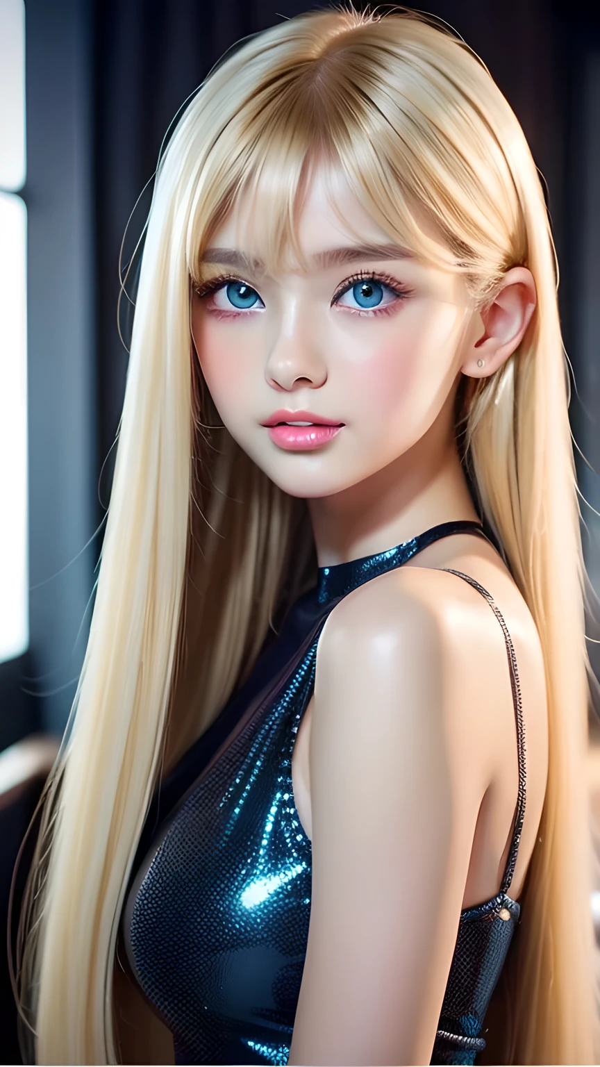 ((Glossy blonde hair and dazzling glossy hair))、A lovely little beautiful face of 15 years old、Bright expression、ponytail、Messy bangs、A cute face that suits you、Bangs between the eyes、Long, lustrous bangs dancing in front of her pretty face、bangs that hide the face、(Very beautiful super long straight silky hair),Sexy cute young woman、Very big eyes、Sparkling, light, pale blue eyes、Small Face Beauty、Round face、White skin、Glowing Skin、Cheek gloss、Gloss Face、Young face、Lolita Face、