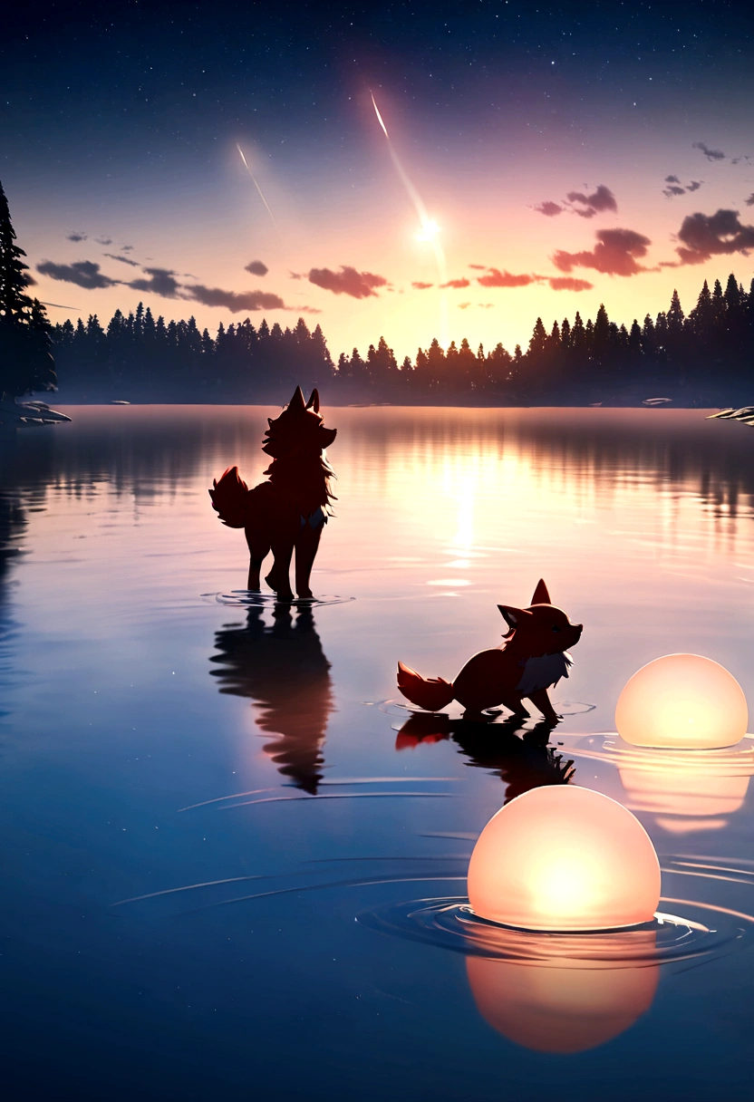 Ultra-HD 3D moving scenes，Shows Zorua making a wish by a tranquil lake.ground, Beautifully presented details, He can be seen gently blowing bubbles into the air, Each one has a good wish.. Bubbles capture reflection of setting sun, Create fantastic, magical effect. The overall atmosphere is gentle, Full of hope and tranquility