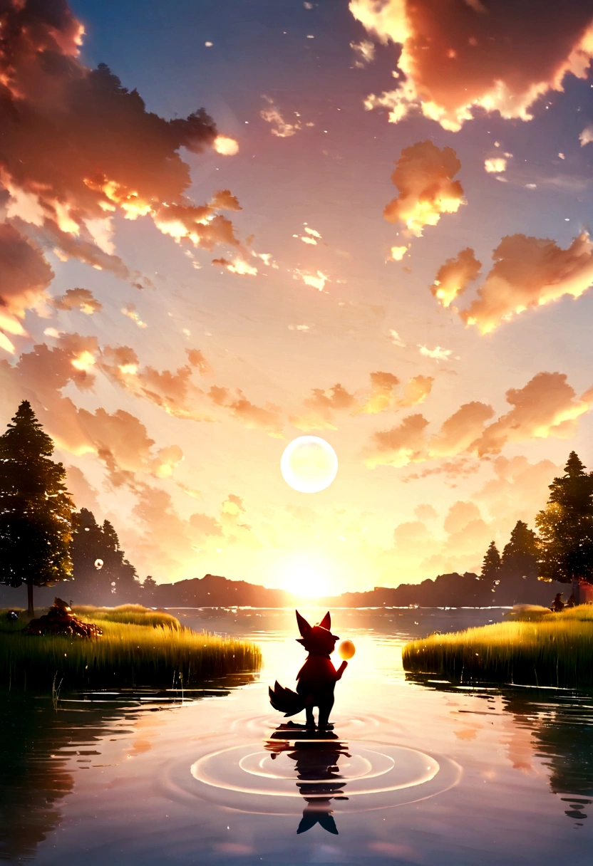 Ultra-HD 3D moving scenes，Shows Zorua making a wish by a tranquil lake.ground, Beautifully presented details, He can be seen gently blowing bubbles into the air, Each one has a good wish.. Bubbles capture reflection of setting sun, Create fantastic, magical effect. The overall atmosphere is gentle, Full of hope and tranquility