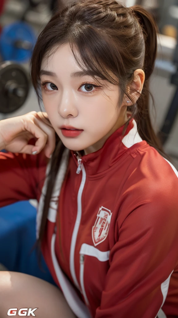 Highly detailed CG Unity 8K wallpapers，top Quority，Super detailed，tmasterpiece，realisticlying，photograph realistic，Very detailed cute girl，25 age old，musculature，Microabs，Round eyes，peeping at the viewer，Be red in the face，parted lip，Half-body shooting，
track suit ， gym room，