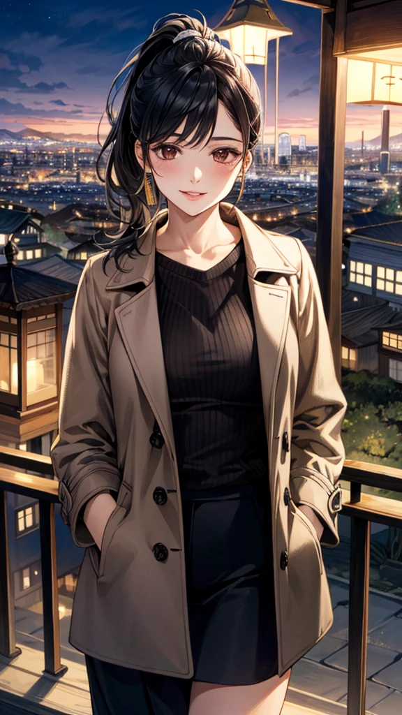 (masterpiece:1.3, Highest quality), (Realistic, photoRealistic:1.4), Beautiful illustrations, (Natural Side Lighting, Cinema Lighting), ,
View your viewers, 1 Girl, Japanese, 30 years old,Perfect Face, Cute and symmetrical face, Shiny skin,
(Side Ponytail, Black Hair), Brown eyes, Long eyelashes,
Beautiful Hair, Beautiful Face, Beautiful attention to detail, Beautiful clavicle, Beautiful body, Beautiful breasts, Beautiful thighs, Beautiful feet, Beautiful fingers,
sweater, ((ボルドー色のsweater, 開いた茶色のcoat)), coat, Black long skirt,
(Beautiful views), (night), (city, cityscape in the distance)、 Standing, A soft smile、(Smile, Lips parted),