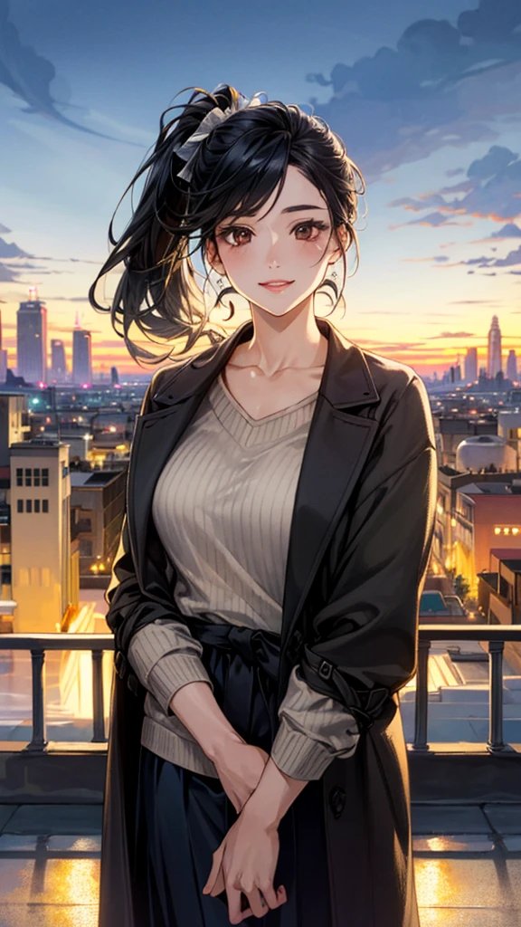 (masterpiece:1.3, Highest quality), (Realistic, photoRealistic:1.4), Beautiful illustrations, (Natural Side Lighting, Cinema Lighting), , 
View your viewers, 1 Girl, Japanese, 30 years old,Perfect Face, Cute and symmetrical face, Shiny skin, 
(Side Ponytail, Black Hair), Brown eyes, Long eyelashes, 
Beautiful Hair, Beautiful Face, Beautiful attention to detail, Beautiful clavicle, Beautiful body, Beautiful breasts, Beautiful thighs, Beautiful feet, Beautiful fingers, 
sweater, ((ボルドー色のsweater, 開いた茶色のcoat)), coat, Black long skirt,  
 (Beautiful views), (night), (city, cityscape in the distance)、 Standing, A soft smile、(Smile, Lips parted),