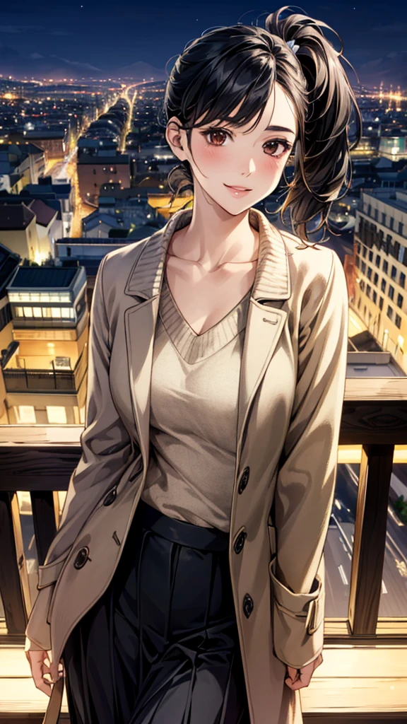 (masterpiece:1.3, Highest quality), (Realistic, photoRealistic:1.4), Beautiful illustrations, (Natural Side Lighting, Cinema Lighting), ,
View your viewers, 1 Girl, Japanese, 30 years old,Perfect Face, Cute and symmetrical face, Shiny skin,
(Side Ponytail, Black Hair), Brown eyes, Long eyelashes,
Beautiful Hair, Beautiful Face, Beautiful attention to detail, Beautiful clavicle, Beautiful body, Beautiful breasts, Beautiful thighs, Beautiful feet, Beautiful fingers,
sweater, ((ボルドー色のsweater, 開いた茶色のcoat)), coat, Black long skirt,
(Beautiful views), (night), (city, cityscape in the distance)、 Standing, A soft smile、(Smile, Lips parted),