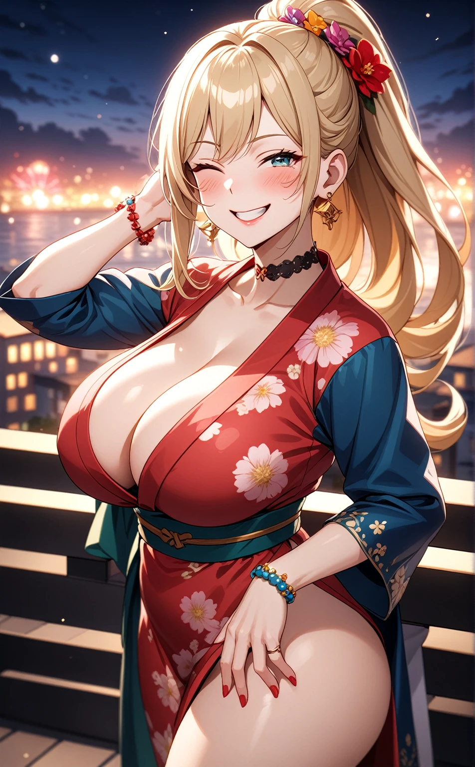 One personの女性)), Beautiful Face,Laughing embarrassedly,((Wink:2.2)),Laugh with your mouth wide open,((Bright red cheeks:1.4)),Glossy pink lips,night,rooftop,Festive decorations,You can see the ocean, firework,Glossy pink lips,Lighting on the face,((Anime style background)),masterpiece, Highest quality, so beautiful, Latest, Complex details, (Pink long nails),(ring),(flower bracelet),Floral choker,AI-generated, Complex,High resolution, Highest quality, super high quality,3D Images、View your viewers、3D Images,One person,Long blonde hair,High Ponytail,Turquoise Eyes,Anime woman posing for a photo, (Fine grain,Colorful eyes,Shining Eyes:1.3),(Squint your eyes:1.1),a hyperRealistic , hyperRealistic , Realistic,Blonde anime woman with long hair, Smooth anime CG art, A woman in a colorful kimono with gold embroidery, (Pink long sleeve kimono),Red floral pattern,Long flower hair ornament,Large floral earrings,(ring),(Big Breasts:1.1),Mature Body,Tall,Big Ass,Narrow waist,Abdominal muscles,(Zoom in on face:1.7),Photographed from the front