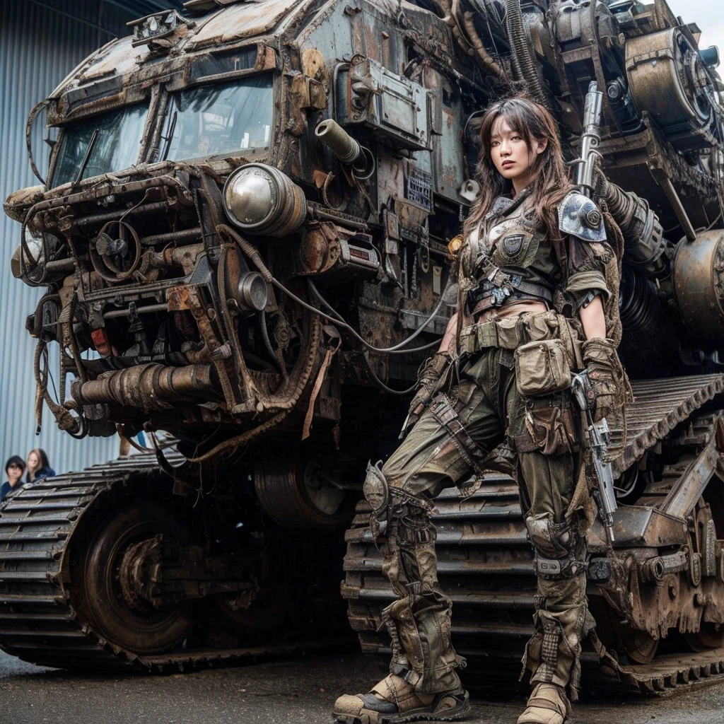 (masterpiece, best quality:1.2), (8k uhd, 16k, 32k, ultra high res), Steampunk, fictional WWII former Japanese Imperial Army armored car and cyborg Japanese female soldier, beautiful face, torn pants, dirty clothes, very intricate details, olive drab paint, peeling paint, weathering, fortress attack, realistic photo, taken with Fuji film X-T30+Nokton. HDR10
