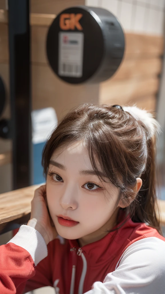 Highly detailed CG Unity 8K wallpapers，top Quority，Super detailed，tmasterpiece，realisticlying，photograph realistic，Very detailed cute girl，25 age old，musculature，Microabs，Round eyes，peeping at the viewer，Be red in the face，parted lip，Half-body shooting，
track suit ， gym room，