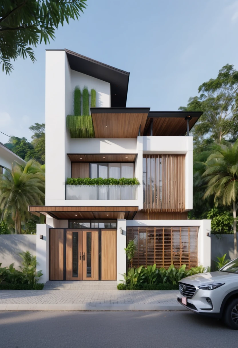 architecture, small 1 floor house in Viet Nam, wooden white wall cottage, beautiful modern house in a downtown, the small modern house in the town, white wall house, cottagecore!!, ((8k)), soothing and cozy landscape, peaceful wooden mansion, ((UHD)), 8k, high quality detail
