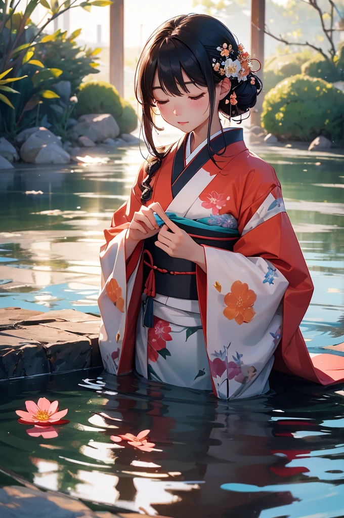 A beautiful Japanese girl wearing a gorgeous kimono、flower々Lying surrounded by。Her expression is calm、I have my eyes closed.、It's like being in a dream。肌はwhiteく滑らかで、There is a light red make-up on her cheeks.。Lips are naturally pink、Her beautiful features stand out。
Women have black shoulder-length hair、It spreads naturally。髪にはespecially装飾はなく、Emphasis on simple and natural beauty。The kimono she wears is、鮮やかなred色を基調とし、flower柄や葉の模様が繊細に描かれています。Although the kimono design is traditional,、The colors and patterns are very modern and artistic.。
Background、水面に浮かぶflower々It is filled with。flowerは多様で、red、orange、white、ピンクなどの色とりどりのflowerが散りばめられています。flowerびらは水に浮かび、The light reflects off the water surface and sparkles.。especially、It looks like the light of the morning sun or evening sun is shining in.、The fantastic atmosphere is further enhanced.。
The reflection of the water and the effect of light、Overall it gives a very dreamy and mysterious impression.。The amount of light and the placement of shadows are carefully calculated.、The line between reality and fantasy is becoming blurred。The overall color is soft.、Warm colours are used extensively、It is very visually pleasing。
This image is、It is a work that combines traditional Japanese beauty with contemporary art style.、Creates a strong visual and emotional impact。女性の静かな美しさとflower々The vividness of、And the perfect balance of light and shadow、It gives a sense of stillness and eternity, as if a moment had been captured.。This image is、Beauty and transience coexist、It's a very artistic piece.。