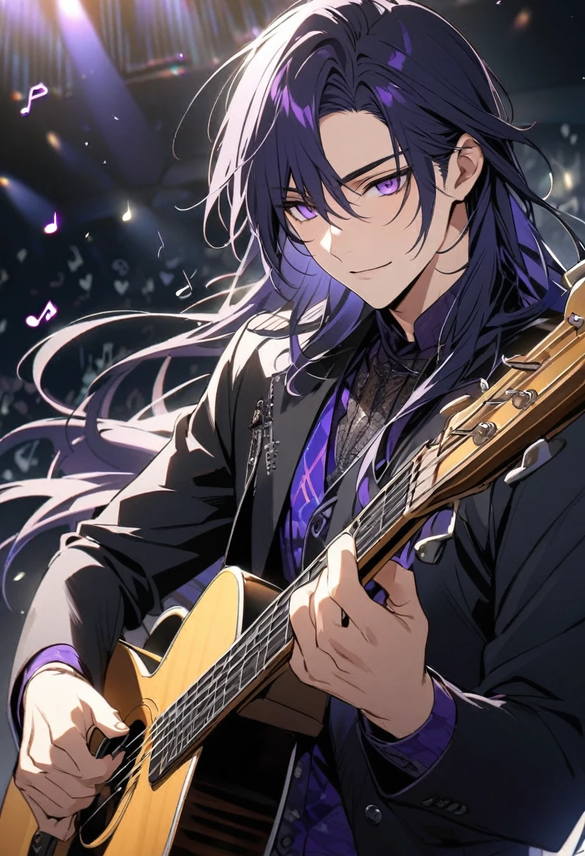 male, handsome, parted bang, long hair, navy hair, musician, purple eyes, music notes