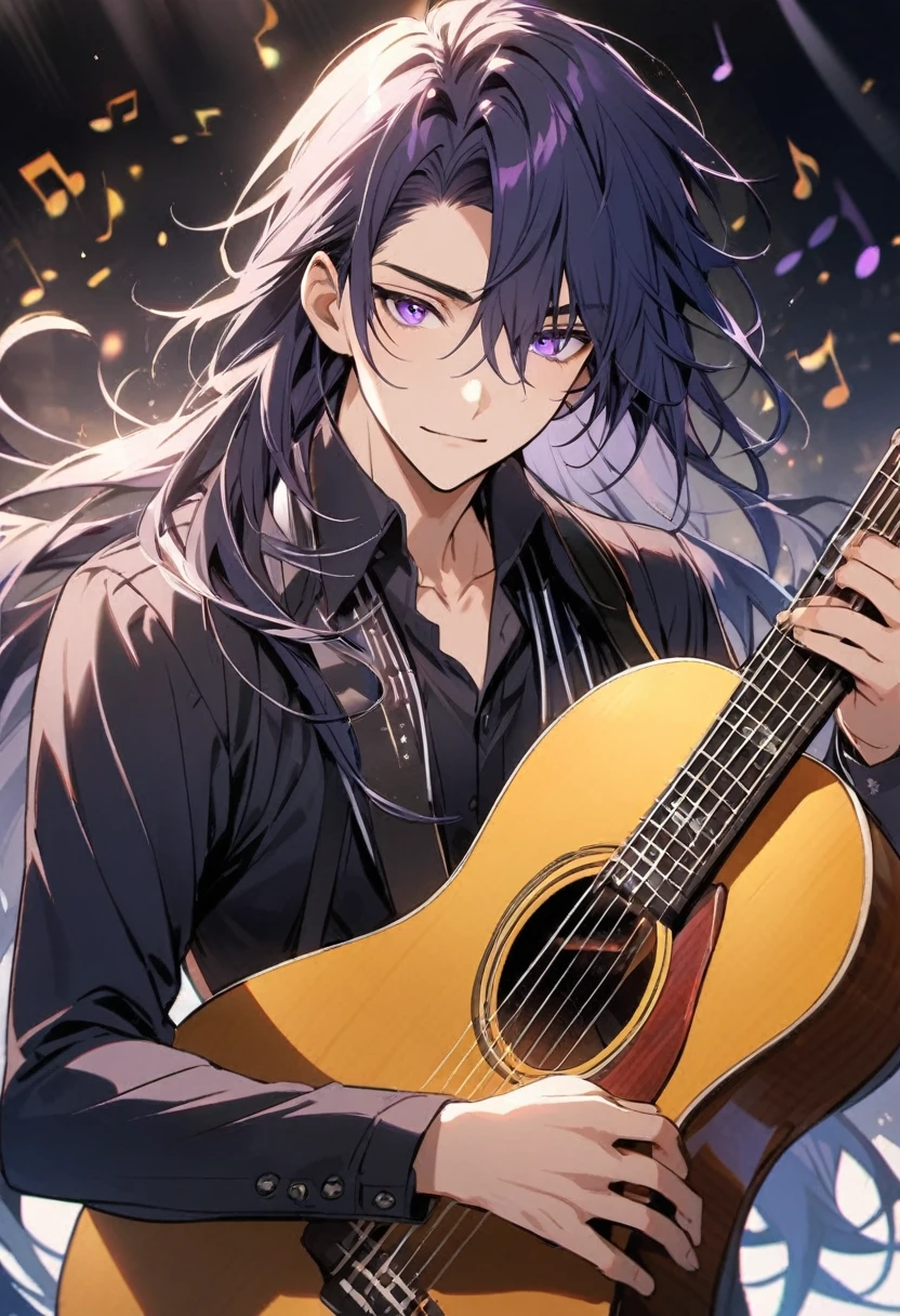 male, handsome, parted bang, long hair, navy hair, musician, purple eyes, music notes