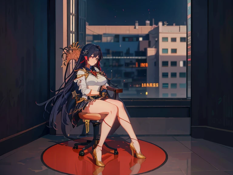 There is a woman sitting on a chair in the room, Attractive anime girl, Beautiful and charming anime woman, guweiz on artstation pixiv, Anime Goddess, guweiz on pixiv artstation, Squatting anime beauty, Hot topics on cgstation, Guwitz&#39;s masterpiece, Anime Barbie Doll in White Dress, Elegant posture, 8k high quality detailed art(((Full and soft breasts,)))(((Large Breasts))) (((Cleavage))),
