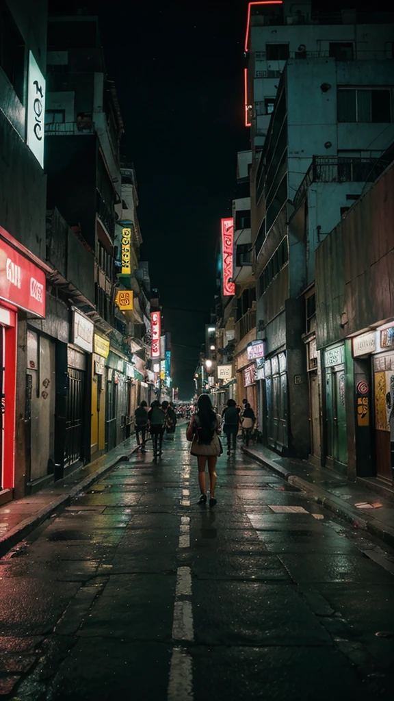 First person photo on the streets of Mexico City seeing the neon style buildings at night