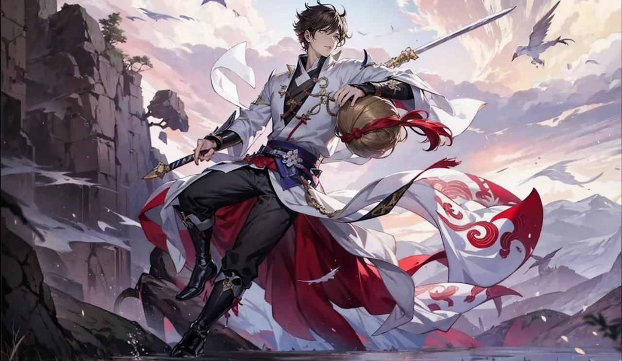 Anime com cores muito vivas, linhas sombras e cores bem definidas, um close up de uma pessoa segurando uma espada e um porongo, por Yang J, Heise Jinyao, keqing do impacto genshin, zhongli do impacto genshin, cai xukun, arte oficial, mobile wallpaper, handsome guy in demon slayer art, brown hair, inspired por Yang Jin, Qi Yang, inspirado em Huang Shen, olchas logan cura liang xing