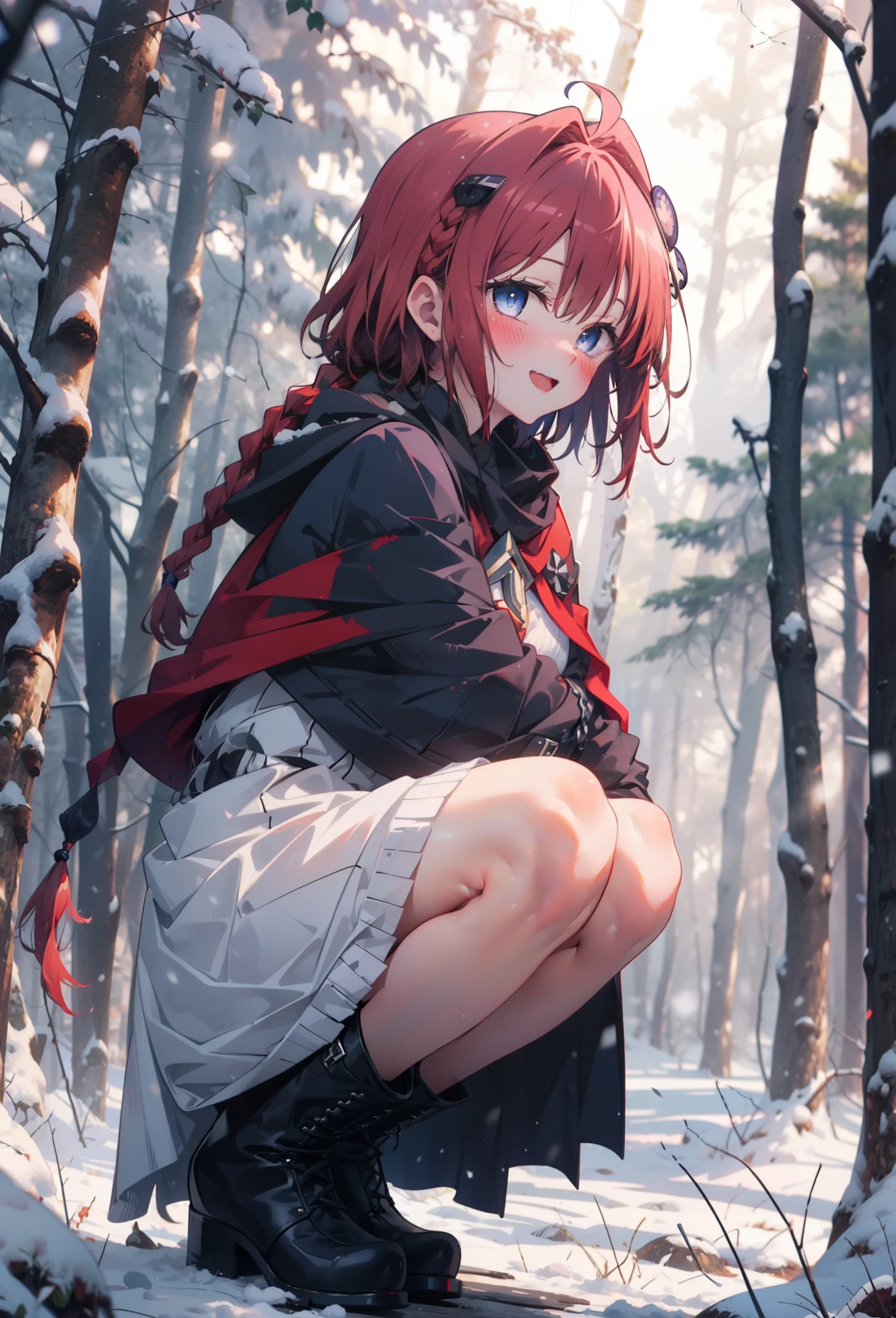 kurosaki mea,Redhead,Long Hair,Long braids,Purple eyes,smile,smile,blush,White Breath,
Open your mouth,snow,Ground bonfire,,Outdoor, boots, snowing, From the side, wood, suitcase, Cape, Blurred, , forest, White handbag, nature,  Squat, Mouth closed, Cape, winter, Written boundary depth, Black shoes, red Cape break looking at viewer, Upper Body, whole body, break Outdoor, forest, nature, break (masterpiece:1.2), Highest quality, High resolution, unity 8k wallpaper, (shape:0.8), (Beautiful and beautiful eyes:1.6), Highly detailed face, Perfect lighting, Extremely detailed CG, (Perfect hands, Perfect Anatomy),