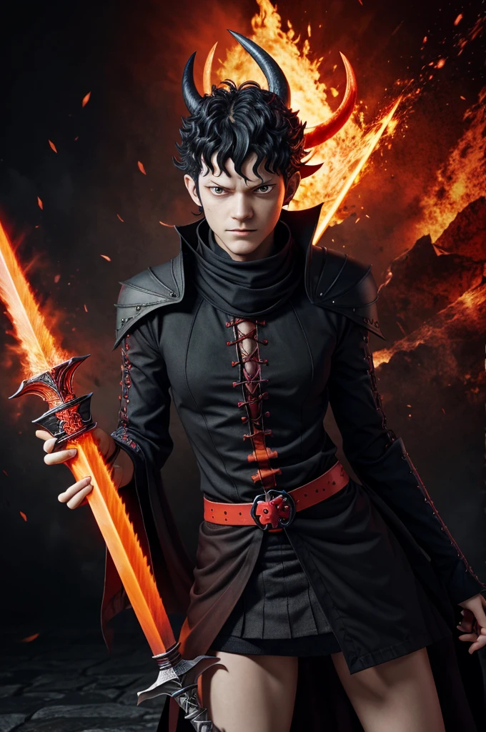 Black clover asta half devil transformed with devil sword in his hand potrait 4k image having a red orange in half background 