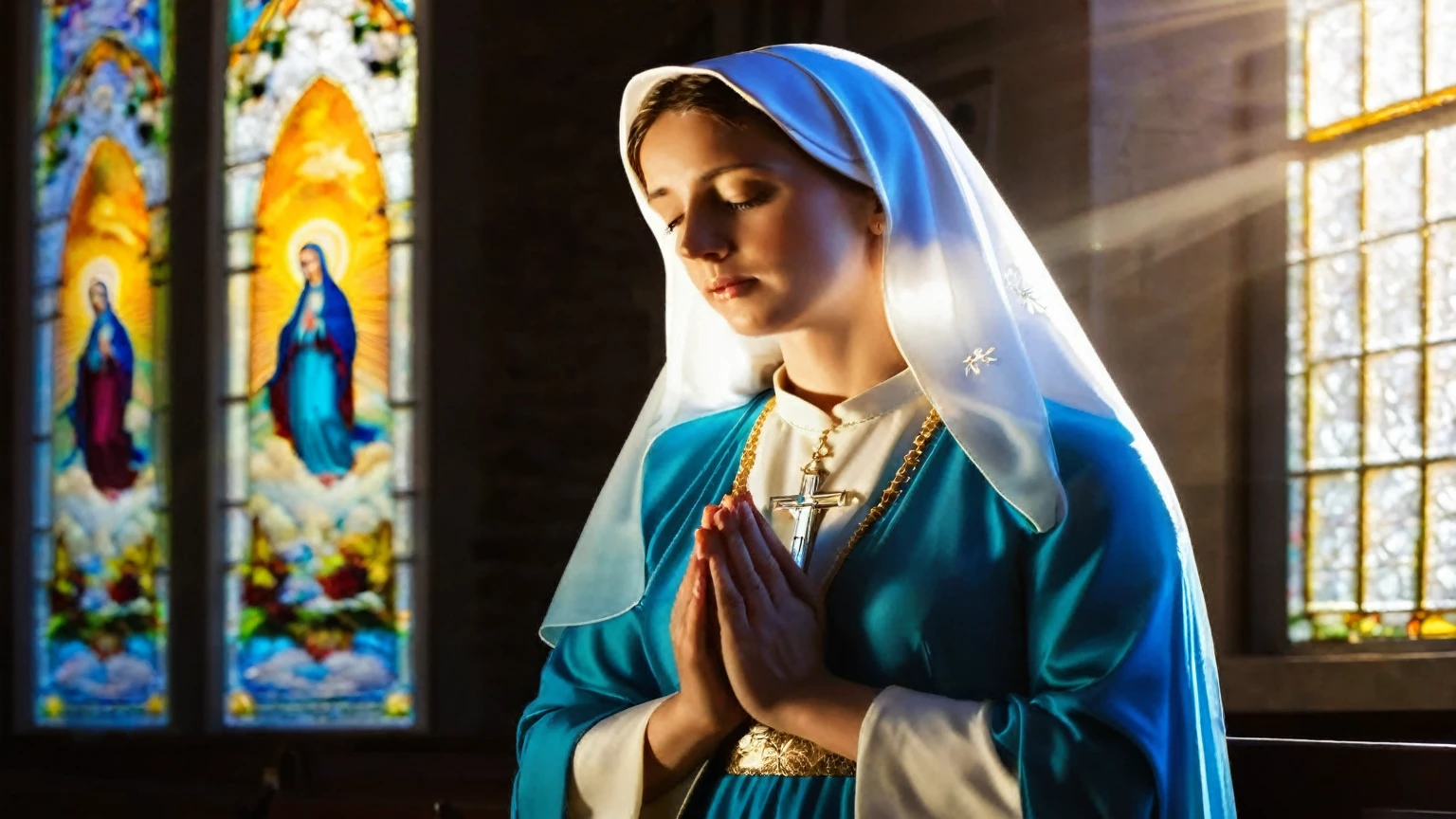 Virgin Mary in church,prayer,There is sunshine by the window