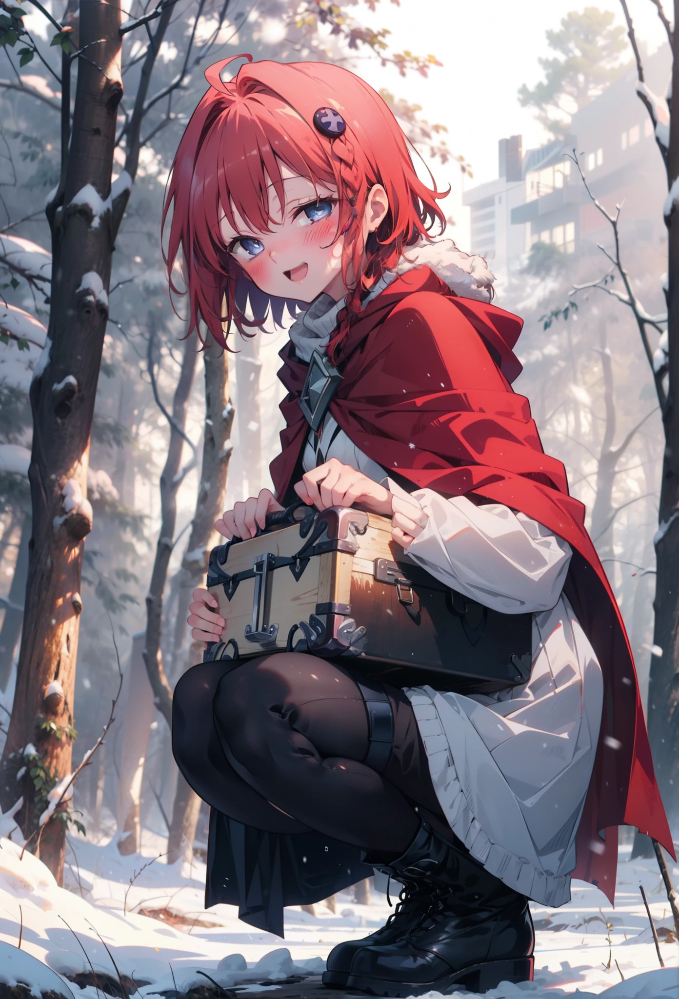 kurosaki mea,Redhead,Long Hair,Long braids,Purple eyes,smile,smile,blush,White Breath,
Open your mouth,snow,Ground bonfire,,Outdoor, boots, snowing, From the side, wood, suitcase, Cape, Blurred, , forest, White handbag, nature,  Squat, Mouth closed, Cape, winter, Written boundary depth, Black shoes, red Cape break looking at viewer, Upper Body, whole body, break Outdoor, forest, nature, break (masterpiece:1.2), Highest quality, High resolution, unity 8k wallpaper, (shape:0.8), (Beautiful and beautiful eyes:1.6), Highly detailed face, Perfect lighting, Extremely detailed CG, (Perfect hands, Perfect Anatomy),