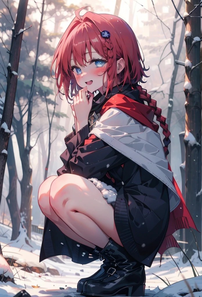 kurosaki mea,Redhead,Long Hair,Long braids,Purple eyes,smile,smile,blush,White Breath,
Open your mouth,snow,Ground bonfire,,Outdoor, boots, snowing, From the side, wood, suitcase, Cape, Blurred, , forest, White handbag, nature,  Squat, Mouth closed, Cape, winter, Written boundary depth, Black shoes, red Cape break looking at viewer, Upper Body, whole body, break Outdoor, forest, nature, break (masterpiece:1.2), Highest quality, High resolution, unity 8k wallpaper, (shape:0.8), (Beautiful and beautiful eyes:1.6), Highly detailed face, Perfect lighting, Extremely detailed CG, (Perfect hands, Perfect Anatomy),