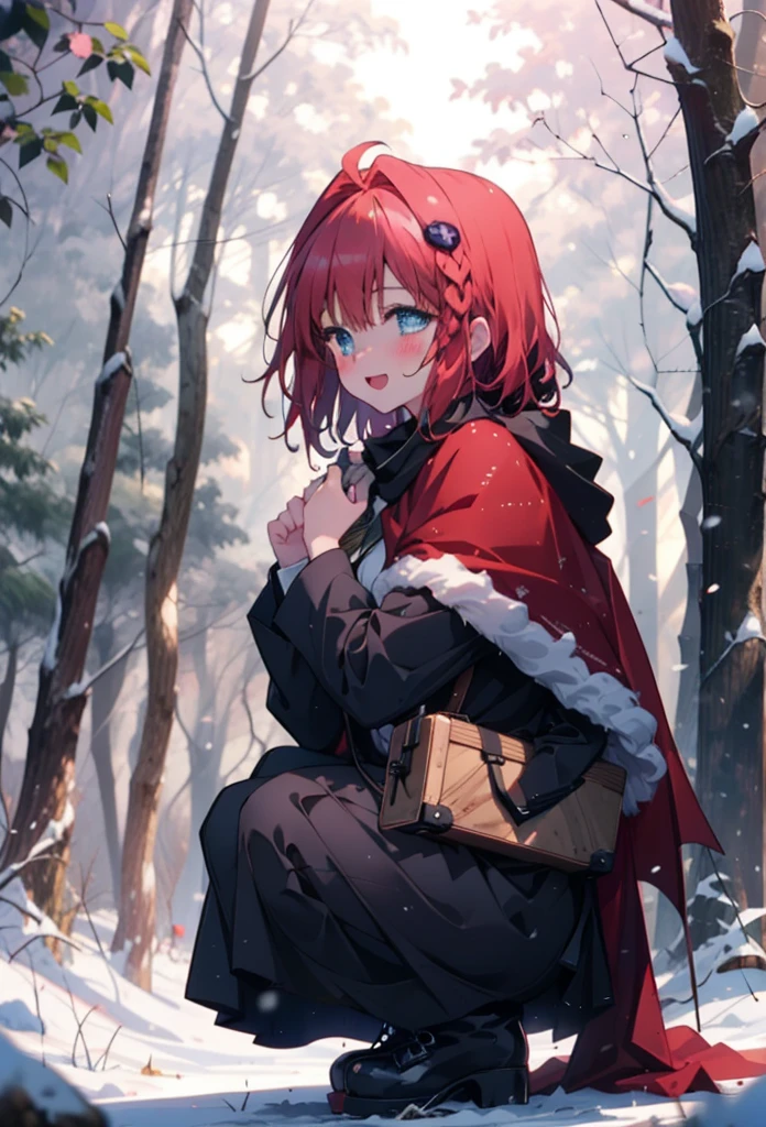 kurosaki mea,Redhead,Long Hair,Long braids,Purple eyes,smile,smile,blush,White Breath,
Open your mouth,snow,Ground bonfire,,Outdoor, boots, snowing, From the side, wood, suitcase, Cape, Blurred, , forest, White handbag, nature, Squat, Mouth closed, Cape, winter, Written boundary depth, Black shoes, red Cape break looking at viewer, Upper Body, whole body, break Outdoor, forest, nature, break (masterpiece:1.2), Highest quality, High resolution, unity 8k wallpaper, (shape:0.8), (Beautiful and beautiful eyes:1.6), Highly detailed face, Perfect lighting, Extremely detailed CG, (Perfect hands, Perfect Anatomy),