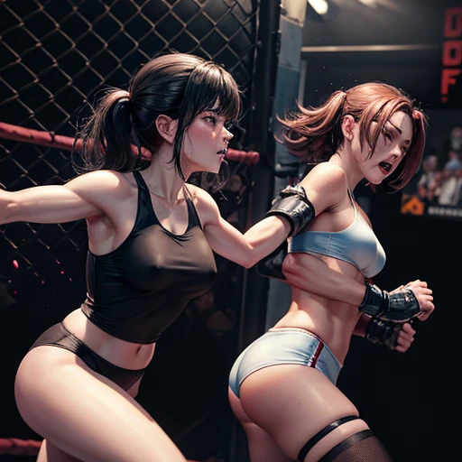 They are covered in blood. Small breasts. Intense violence. The opponent's fists are digging into her body. They are glaring at each other. The opponent's face is contorted by her punch. Dynamic action. She is suffering. She is cornered in a wire net and severely beaten by her opponent. She is wearing a sports bra and high-leg panties. Her opponent tries to kill her with a powerful punch. The two are exhausted. Two young and beautiful Japanese mixed martial artists are fighting in the octagon. They are pounding their fists into their opponents' bodies. They are open-mouthed, drooling, one eye closed, gasping for breath. They are sweating profusely. Short-cut black hair. Open-fingered gloves. Erect nipples.