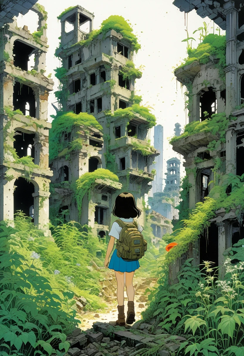 Draw a scene in the style of Katsuhiro Otomo, depicting a full-bodied girl exploring some dilapidated ruins. Behind her are crumbling buildings and overgrown weeds, and she carefully looks around as she moves forward.