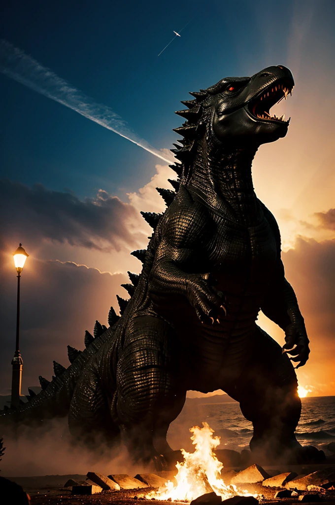 Godzilla in smoke at night