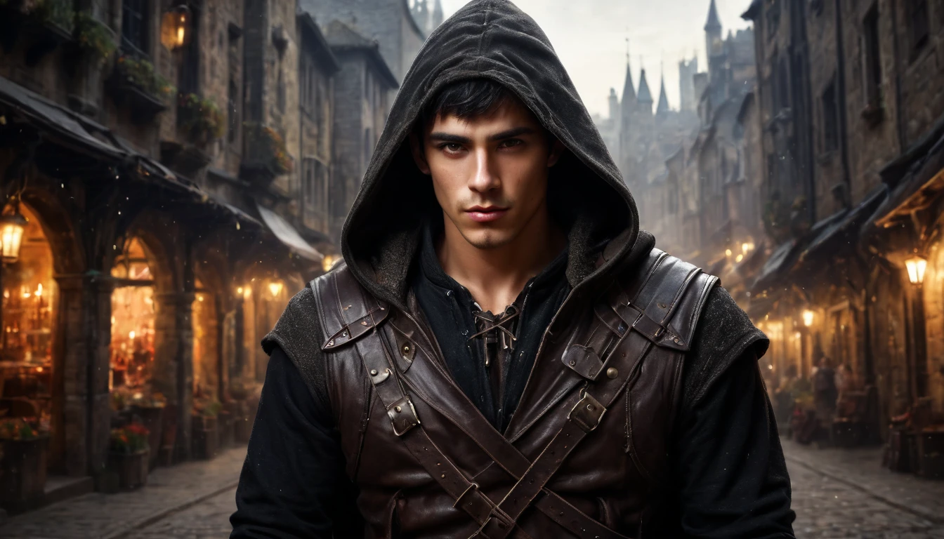 (Absurd, High resolution, Super detailed), 1 male, Adult, good looking, Muscular face, Broad shoulders, Detailed drawn eyes, Short black hair, Brown eyes, Black Cape, Wearing a hood, Leather Vest, Leather bag on waist, Two daggers on the belt, city, Medieval atmosphere, Natural light and shadow, The man is surrounded by bright particles., wonderful, mysterious, Bright glow, Sitting pose, Serious expression, cold, Thoughtful, Shut your mouth