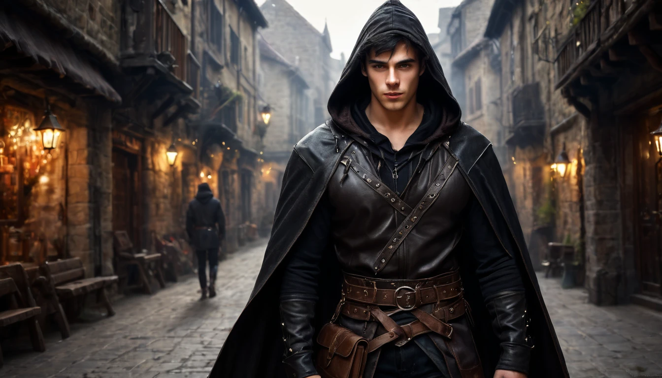 (Absurd, High resolution, Super detailed), 1 male, Adult, good looking, Muscular face, Broad shoulders, Detailed drawn eyes, Short black hair, Brown eyes, Black Cape, Wearing a hood, Leather Vest, Leather bag on waist, Two daggers on the belt, city, Medieval atmosphere, Natural light and shadow, The man is surrounded by bright particles., wonderful, mysterious, Bright glow, Sitting pose, Serious expression, cold, Thoughtful, Shut your mouth