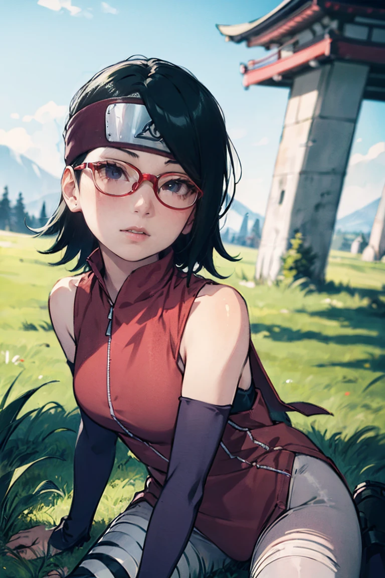 (Sarada Uchiha,short hair,black hair,glasses),full body picture Unreal Engine 5 8K UHD of beautiful girl, green Japanese style long hair, wearing futuristic black tight battle suit, half face mask, futuristic neck collar, grass green light details, best quality, masterpiece,Big Breasts
