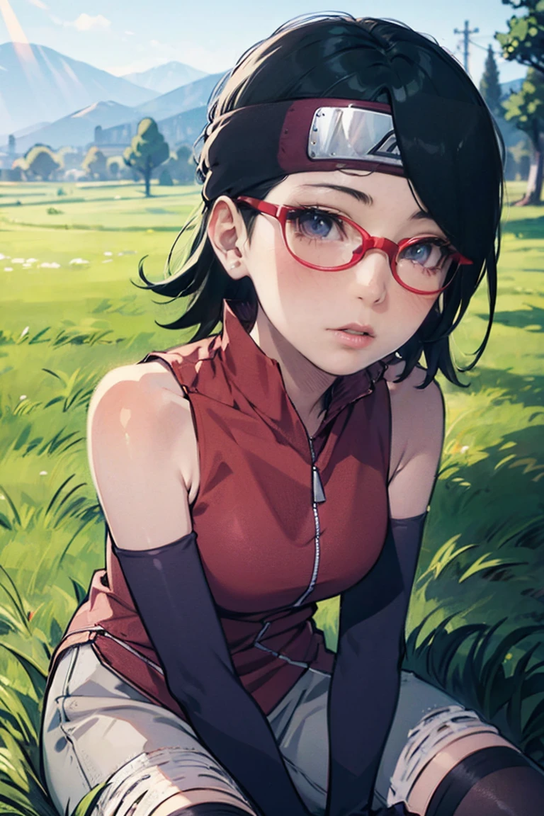 (Sarada Uchiha,short hair,black hair,glasses),full body picture Unreal Engine 5 8K UHD of beautiful girl, green Japanese style long hair, wearing futuristic black tight battle suit, half face mask, futuristic neck collar, grass green light details, best quality, masterpiece，Big Breasts