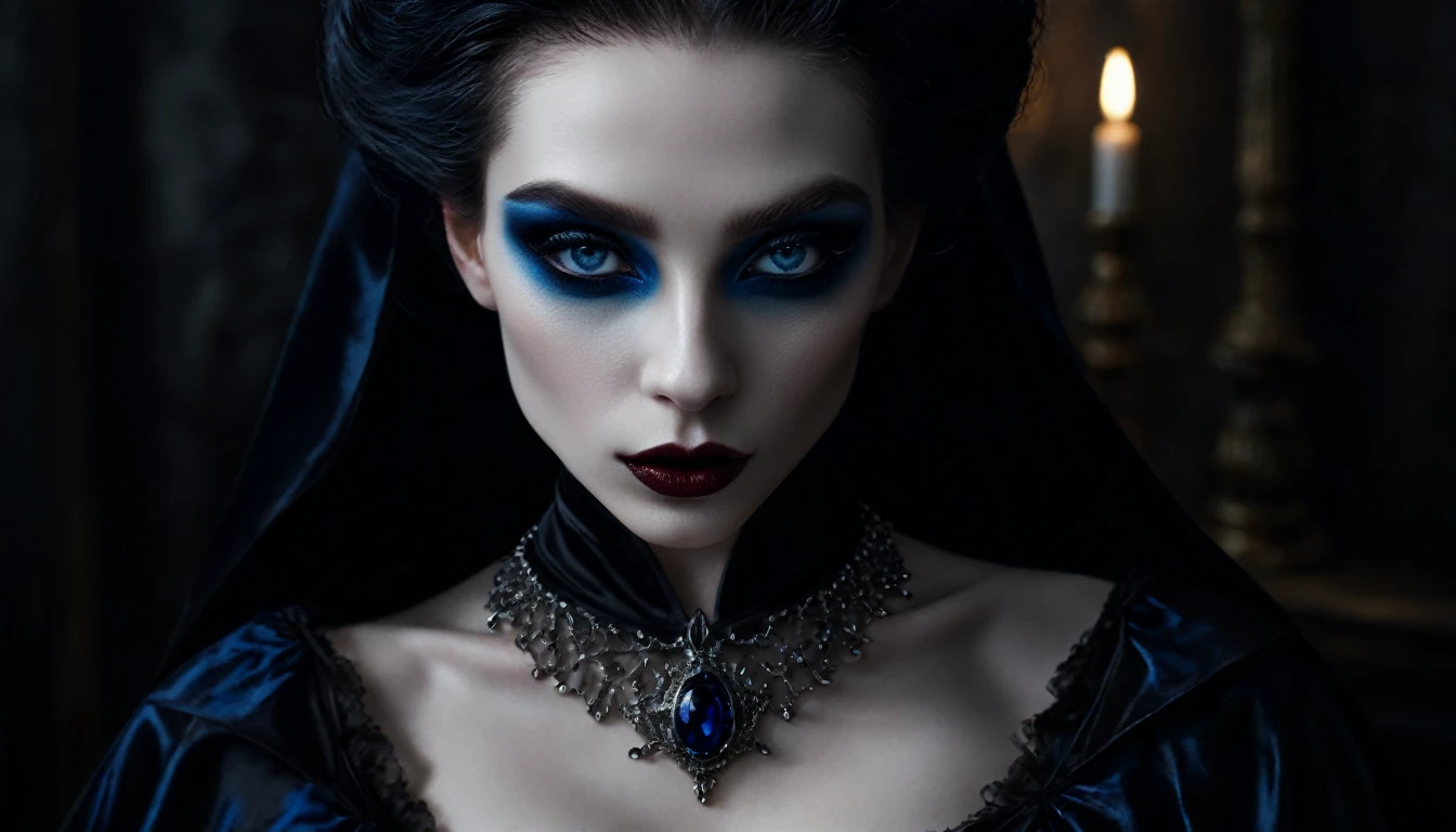 ((masterpiece)), Ultra-realistic, Portrait of a beautiful pale skinned vampire (Black enamel), Heavy makeup, Bright Blue Eyes, In a dark and gloomy environment. (Prompt is in Portuguese)