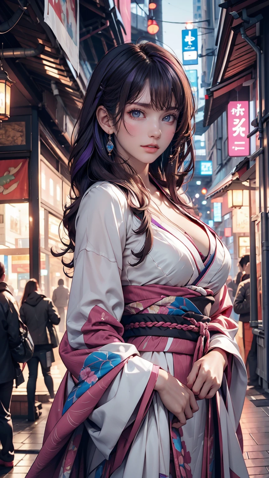 One girl, Blunt bangs, Braiding, Wide sleeves, hair ornaments, kimono, Says Obi, (Purple Hair:1.2), Very long hair, Straight hair, View your viewers, Highly detailed background, (Photo Real:1.2), Fine grain, Red eyeshadow, Depth of written boundary,thigh, (Urzan-6500:0.7), Upper Body, (alone:1.2), (Cyberpunk City:1.1), Cleavage, (Put your finger on your lips:1.1),Shiny skin
