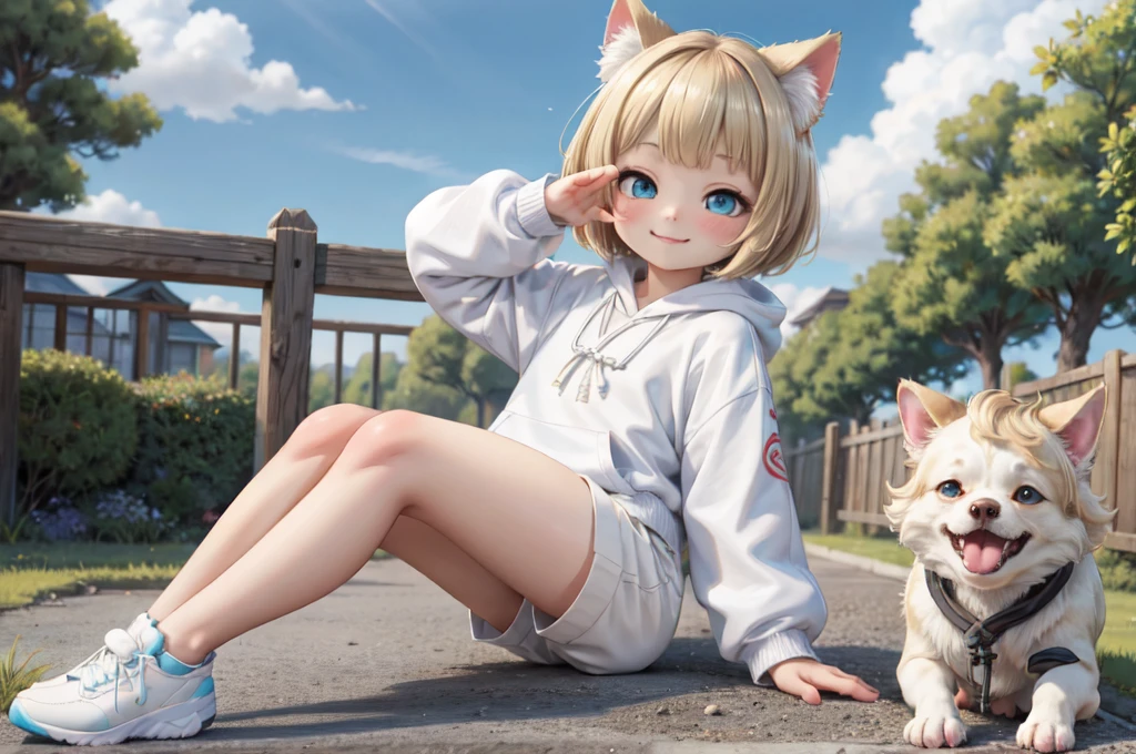 Reduce the volume of the side hair for a neater look、Shortcuts、The bangs are straight and even.、The best move,Highest quality,(masterpiece,Ultra-detailed 8K art,figure),Kung Fu, (Human face, 1 girl,Drooping dog),Outdoor, Chinese clothing,Blonde Hair、Short Mash Hair、Turquoise Eyes、White hoodie、Black hot pants、Black sneakers,garden,  Look up at the sky and BREAK your smile,(whole body), Cat ears of the same color as the hair、