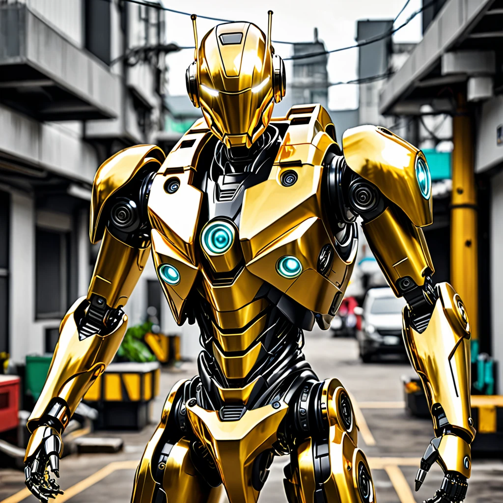 poser robot emas dengan background futuristic, terdapat kilauan emas dan terdapat tulisan GOLDEN ROBOT SURVIVAL