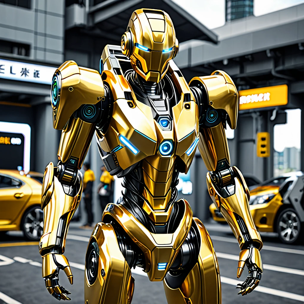 poser robot emas dengan background futuristic, terdapat kilauan emas dan terdapat tulisan GOLDEN ROBOT SURVIVAL