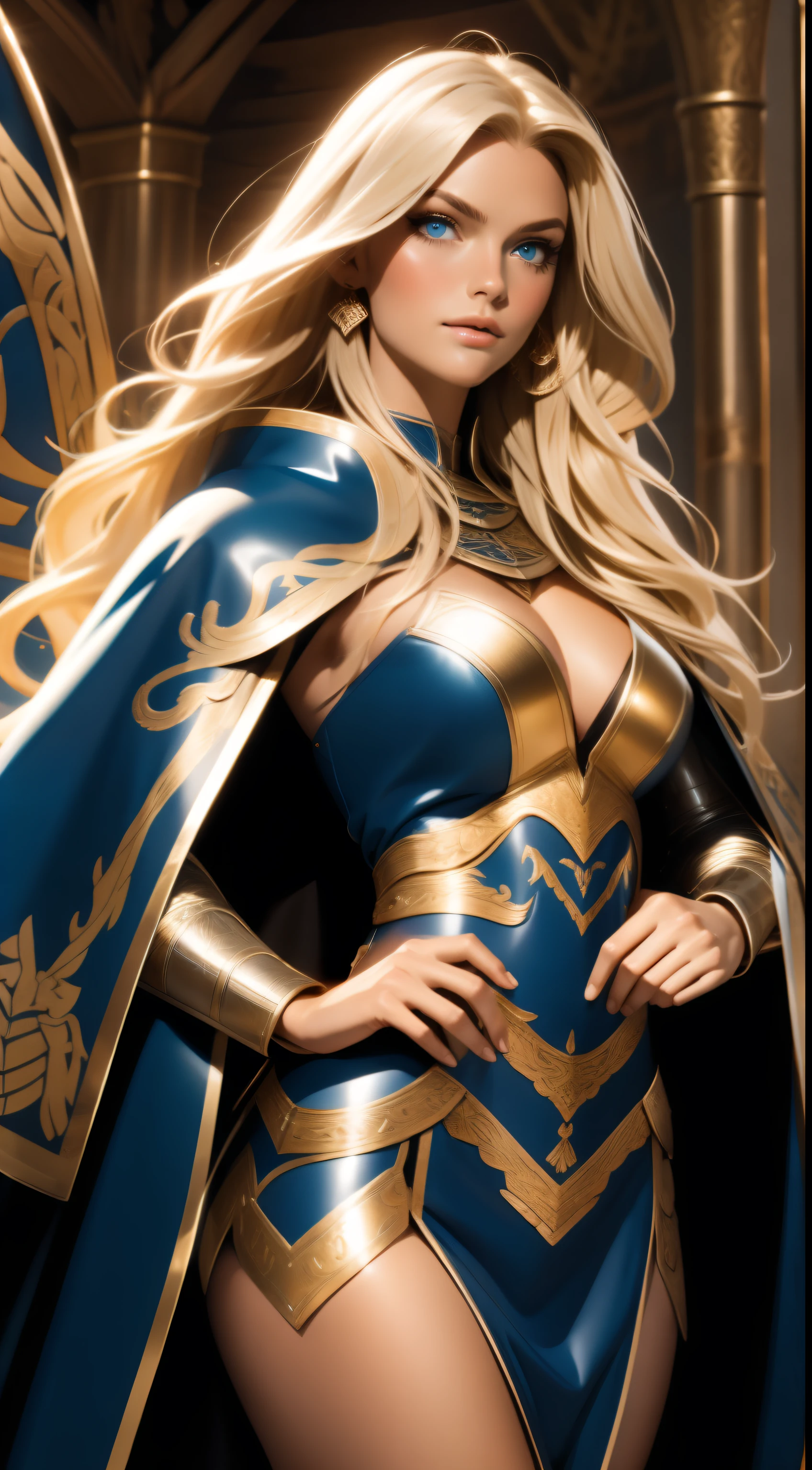 Gorgeous Woman, Valkyrie, Long blonde hair, blue eyes, detailed facial features, proportional hands, proportional fingers, leather armor, fur cape, viking ship,