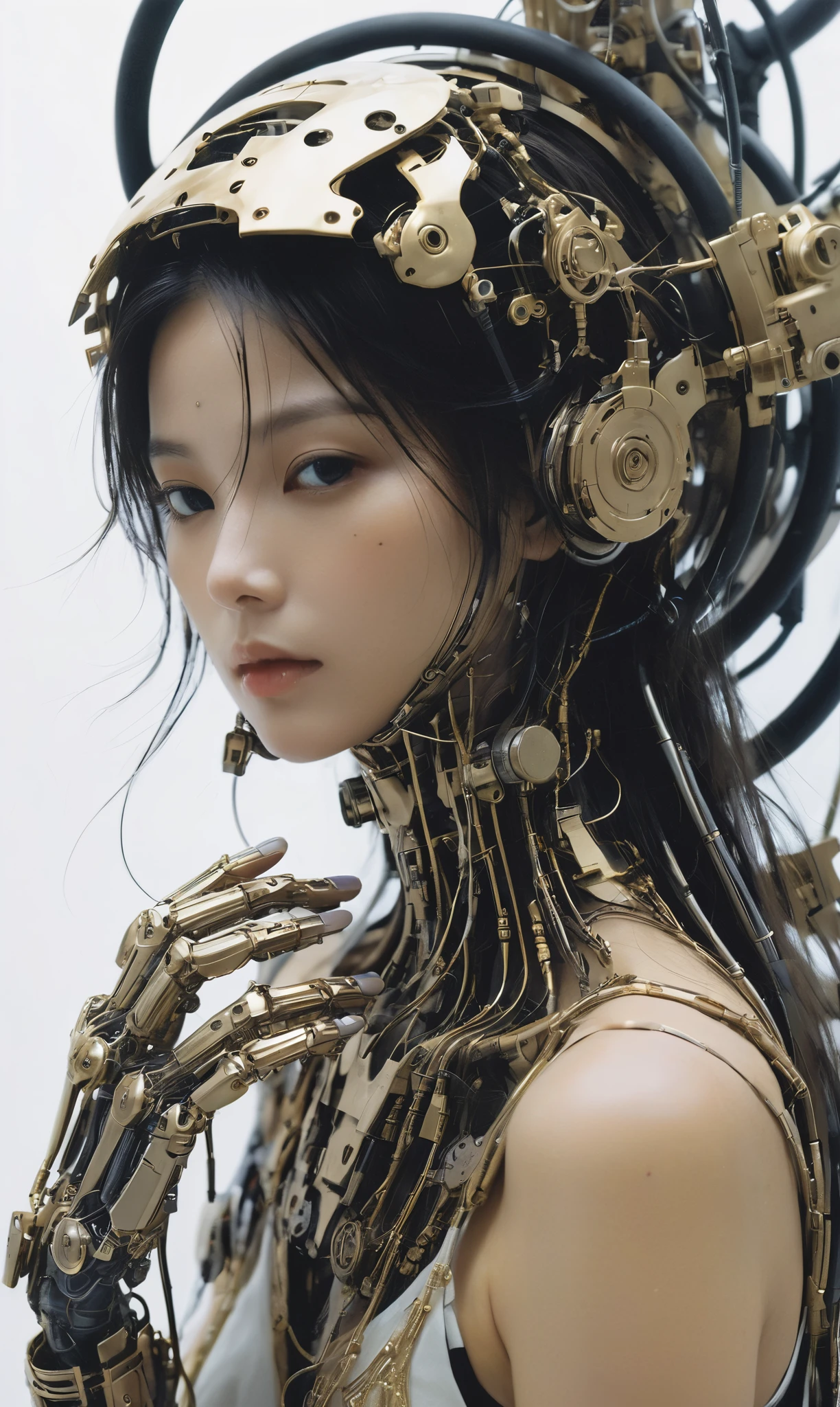 xxmixgirl,1 demon girl mechanical arms detailed face closeup summoning circle cave rituals (art by Yoji Shinkawa Yoshitaka Amano )