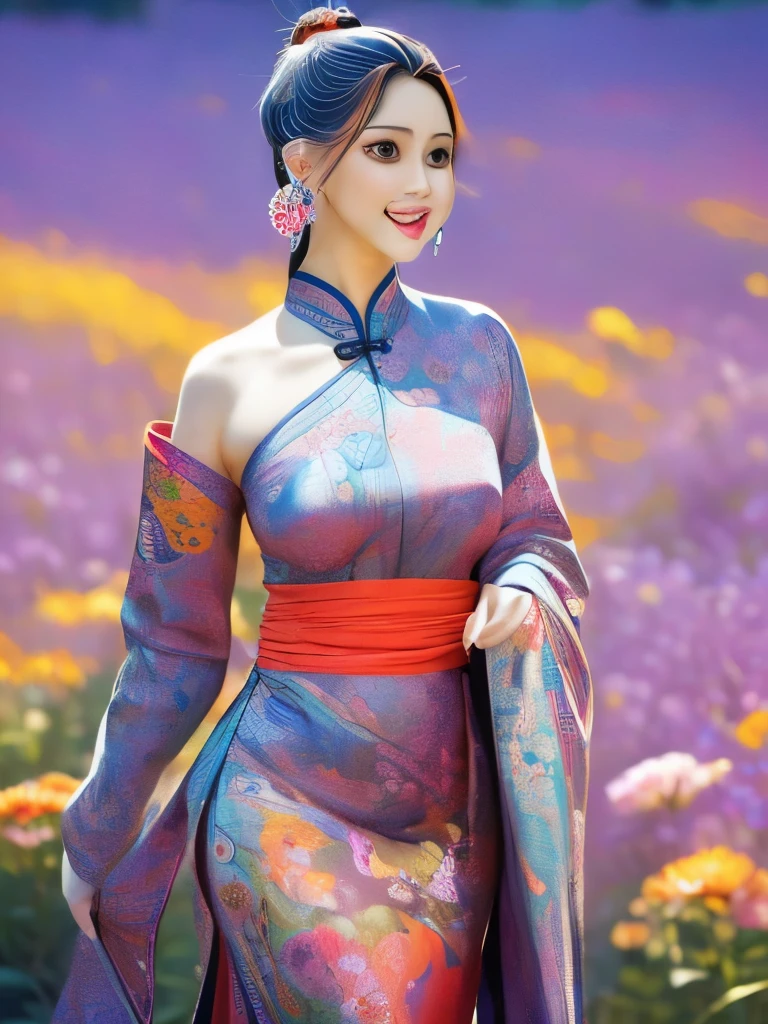 (masterpiece, top quality, best quality, official art, beautiful and aesthetic:1.2), (1girl:1.3), extremely detailed,(fractal art:1.1),(colorful:1.1)(flowers:1.3),highest detailed,(zentangle:1.2), (dynamic pose), (abstract background:1.3), (chinese Traditional cloth:1.2), (shiny skin), (many colors:1.4), ,(earrings:1.4),
