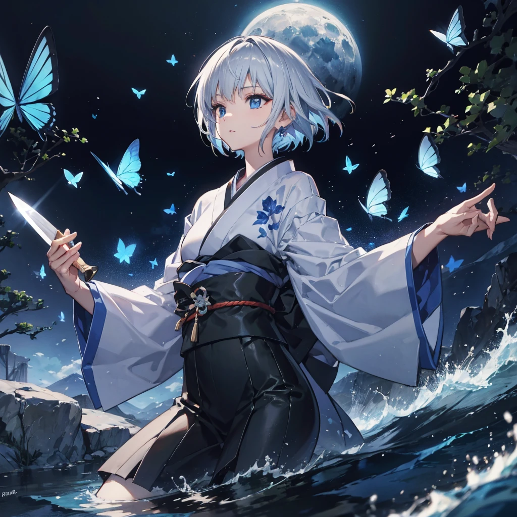 (((1 person)))　((High resolution　Gray Hair　short hair　Black kimono　Shoulder))　((Black Band　military commander　Lonely　despair　blue eyes))　((Blue Butterfly　night　Japanese style　old　Shining Aura　garden　water surface))　(dance　日本knife　knife　Slashing)　moon　star　Draw your sword　Slashing　Catch the wind　