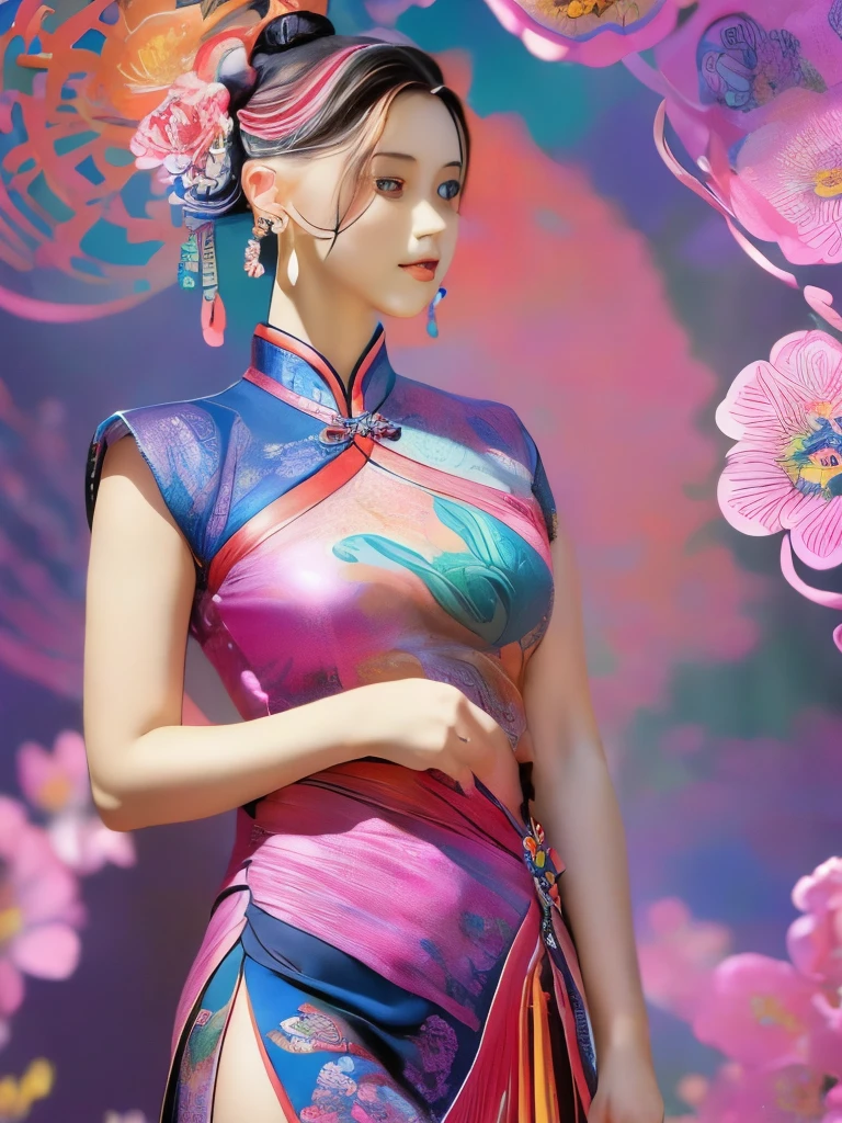 (masterpiece, top quality, best quality, official art, beautiful and aesthetic:1.2), (1girl:1.3), extremely detailed,(fractal art:1.1),(colorful:1.1)(flowers:1.3),highest detailed,(zentangle:1.2), (dynamic pose), (abstract background:1.3), (chinese Traditional cloth:1.2), (shiny skin), (many colors:1.4), ,(earrings:1.4),