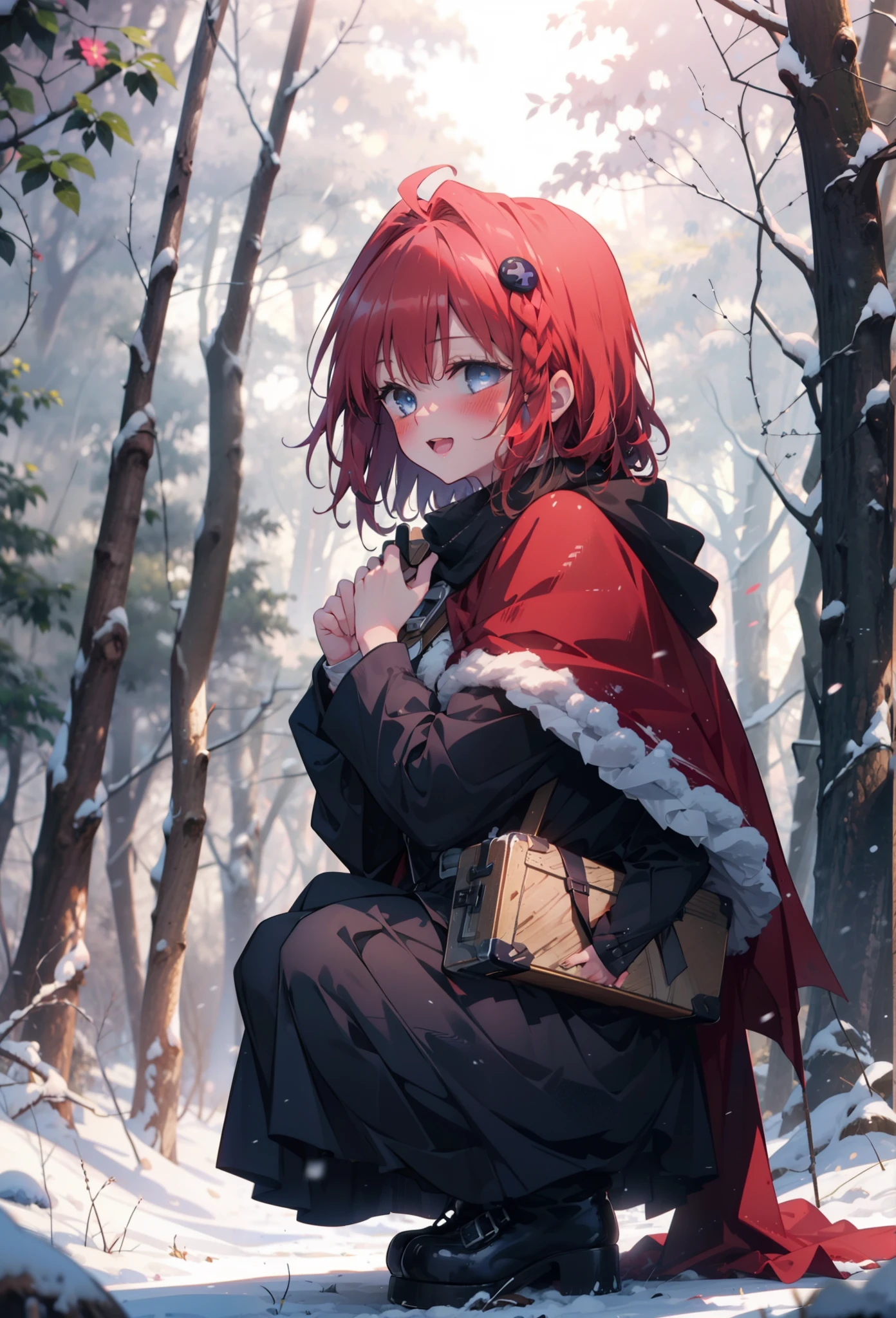 kurosaki mea,Redhead,Long Hair,Long braids,Purple eyes,smile,smile,blush,White Breath,
Open your mouth,snow,Ground bonfire,,Outdoor, boots, snowing, From the side, wood, suitcase, Cape, Blurred, , forest, White handbag, nature,  Squat, Mouth closed, Cape, winter, Written boundary depth, Black shoes, red Cape break looking at viewer, Upper Body, whole body, break Outdoor, forest, nature, break (masterpiece:1.2), Highest quality, High resolution, unity 8k wallpaper, (shape:0.8), (Beautiful and beautiful eyes:1.6), Highly detailed face, Perfect lighting, Extremely detailed CG, (Perfect hands, Perfect Anatomy),