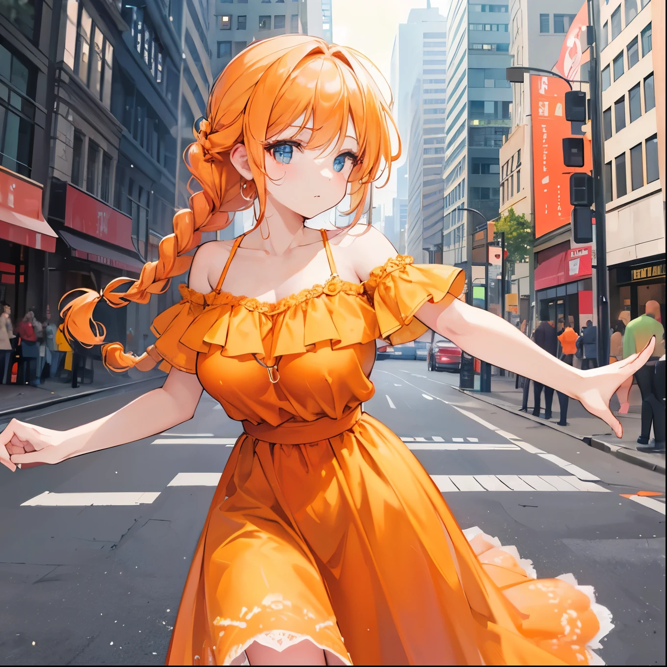 a woman posing on the street corner with orange dress on, best quality, 1girl, large breast, day, bright, blur background, bokeh, outdoor, (street:0.8), (people, crowds:0.8), (off-shoulder dress:1.2), gorgeous, (braided bangs:1.2), beautiful detailed sky, (dynamic pose:1.2), soft lighting, wind, shiny skin, (upper body:0.8), (freckles:0.8), mole under mouth, 