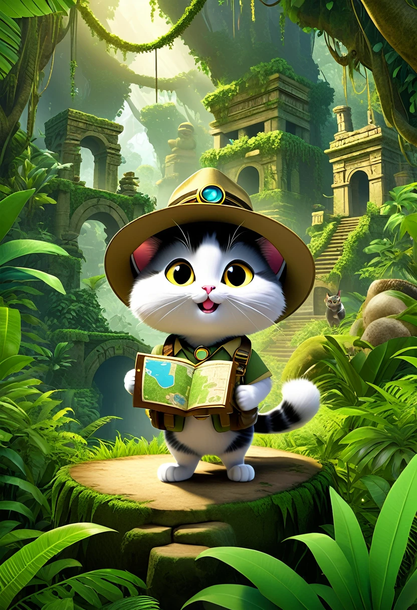 "Nyaro-me, the cat character with big round eyes and a cheeky grin, in the middle of a jungle adventure. He's wearing an explorer hat and holding a map, surrounded by lush greenery, ancient ruins, and exotic animals."