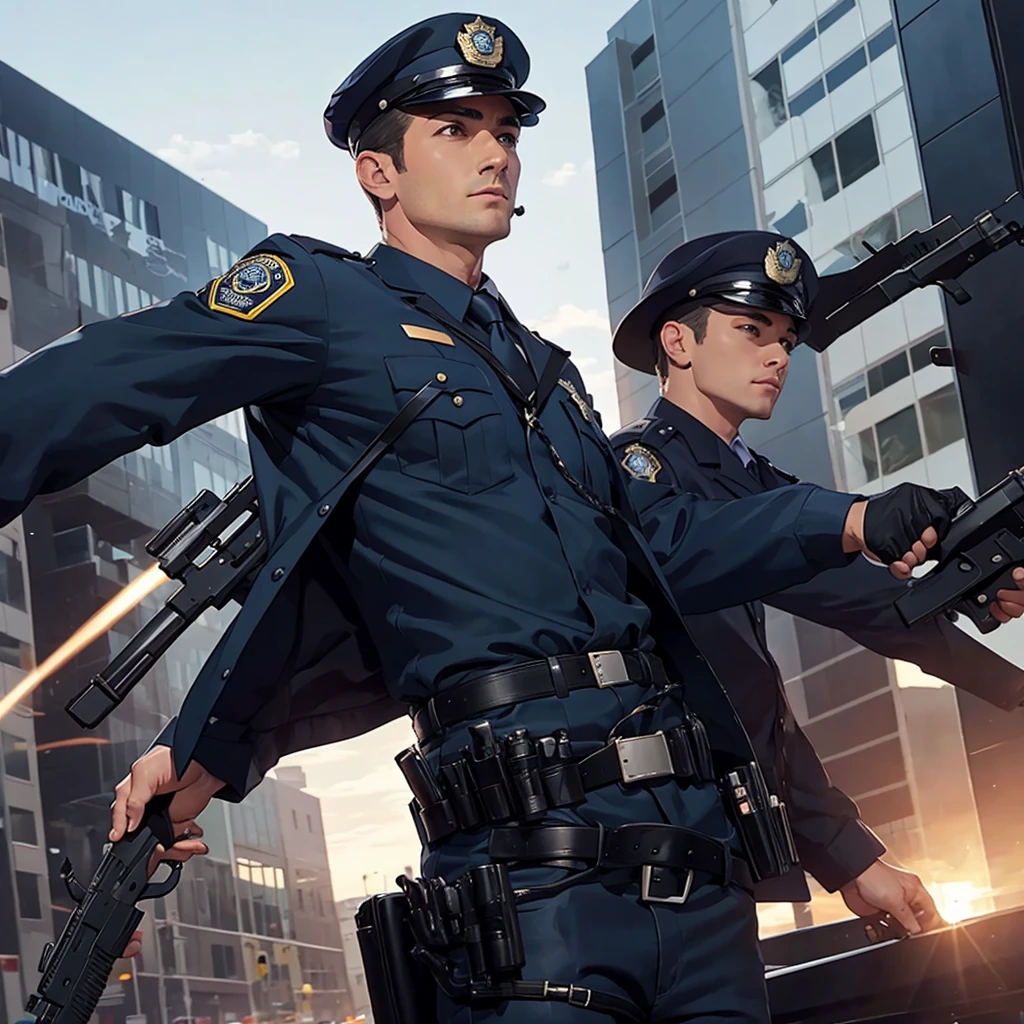 A handsome Police inspector holding his gun in active mode