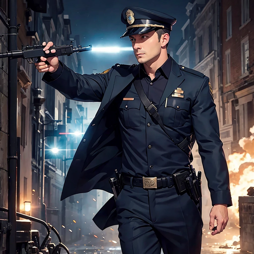 A handsome Police inspector holding his gun in active mode