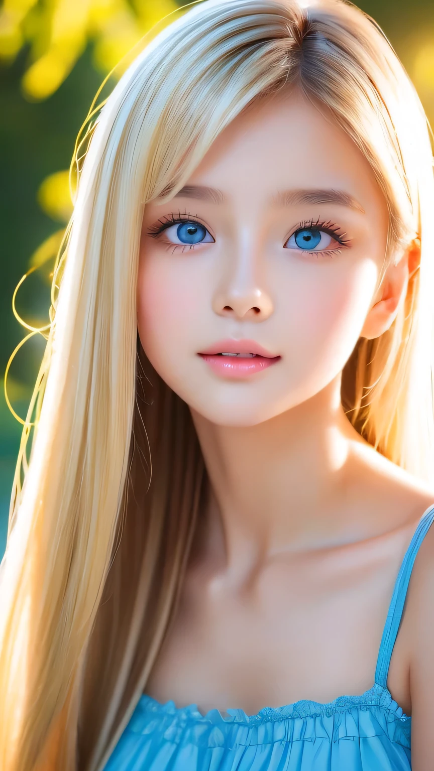 ((Glossy blonde hair and dazzling glossy hair))、A lovely little beautiful face of 、Bright expression、ponytail、Messy bangs、A cute face that suits you、Bangs between the eyes、Long, lustrous banancing in front of her pretty face、bangs that hide the face、(Very beautiful super long straight silky hair),Sexy cute young an、Very big eyes、Sparkling, light, pale blue eyes、Small Face Beauty、Round face、White skin、Glowing Skin、Cheek gloss、Gloss Face、Young face、Lolita Face、