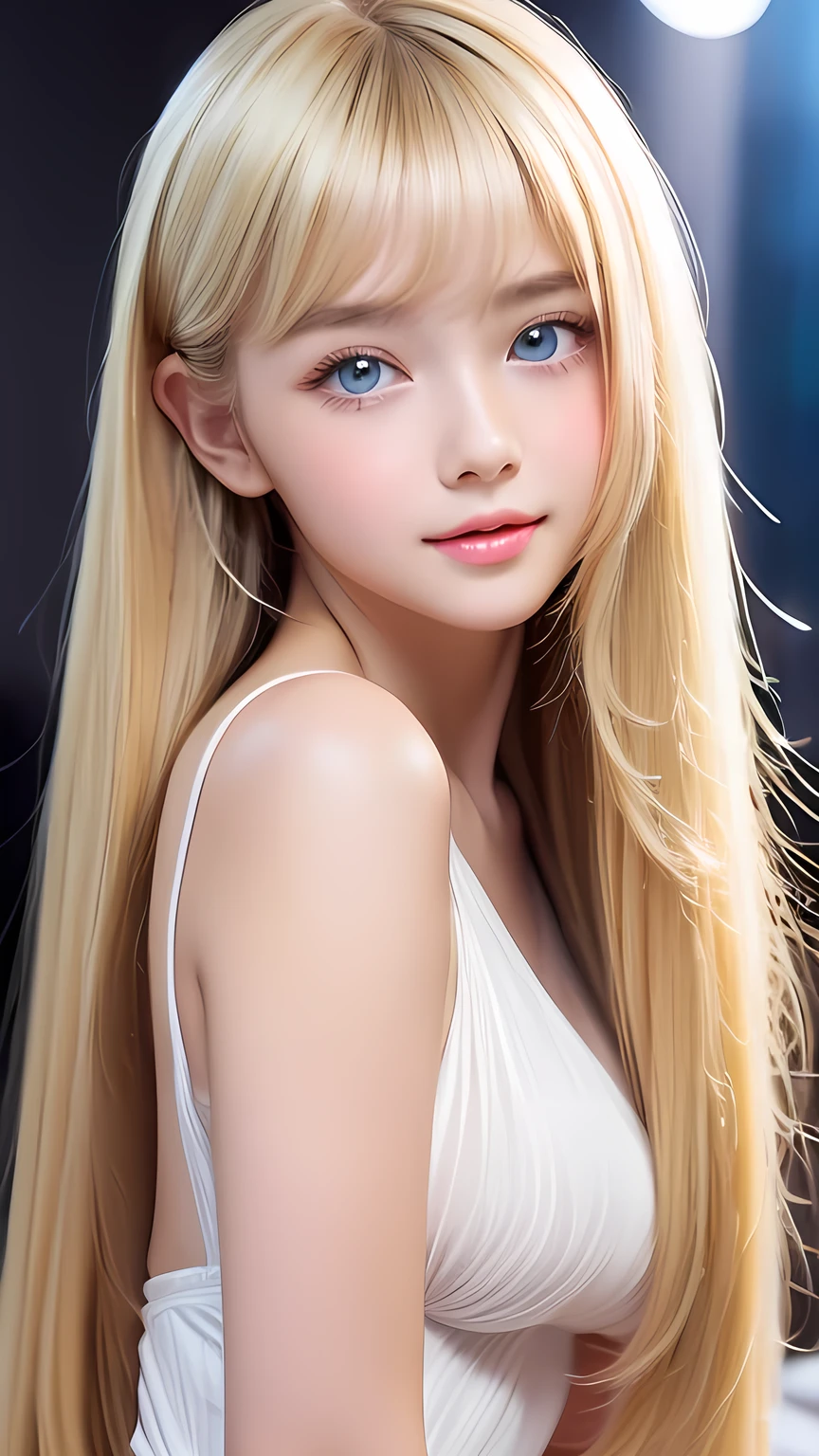 ((Glossy blonde hair and dazzling glossy hair))、A lovely little beautiful face of 15 years old、Bright expression、ponytail、Messy bangs、A cute face that suits you、Bangs between the eyes、Long, lustrous bangs dancing in front of her pretty face、bangs that hide the face、(Very beautiful super long straight silky hair),Sexy cute young woman、Very big eyes、Sparkling, light, pale blue eyes、Small Face Beauty、Round face、White skin、Glowing Skin、Cheek gloss、Gloss Face、Young face、Lolita Face、