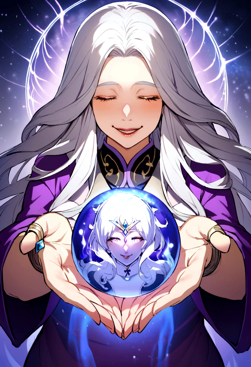 Elderly psychic with a crystal ball and a crystal ball,Japanese,Asian、Close-up portrait of a fat older woman，Holding a glowing ball,Long white hair，dressed in a purple jacket、Meditating cross-legged、Let the magic aura surround you，Taoist Masters,Taoist,Laughter,Brilliant,Diamond Ring、Hair color is black
