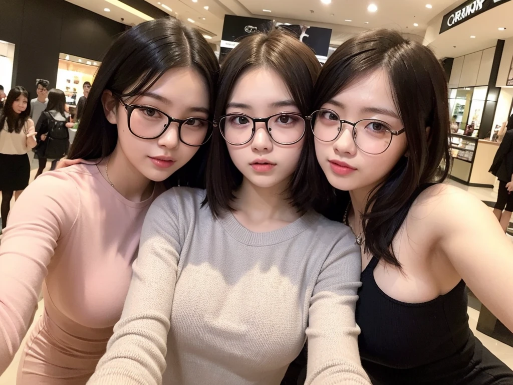 Indonesian girl -yeld  Hstyle Casual, F Cup Breasts  wearing  crewneck dress  and selfie with her friend which use glasses at mall