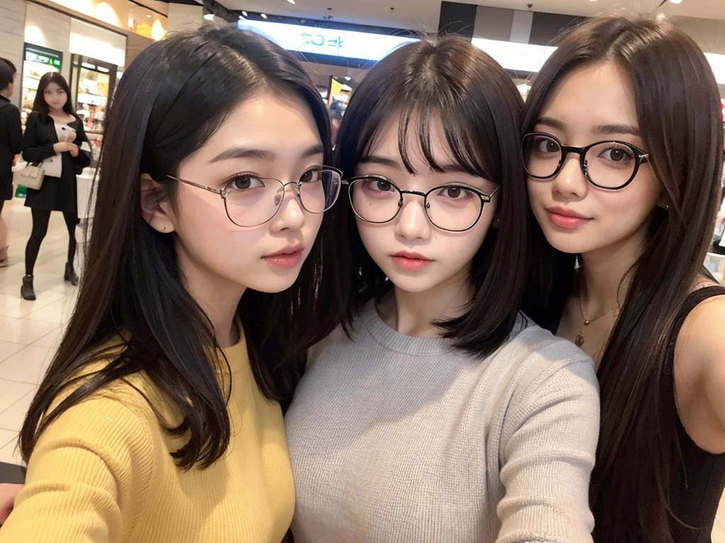 Indonesian girl 17-year-old  Hairstyle Casual, F Cup Breasts  wearing  crewneck dress  and selfie with her friend which use glasses at mall